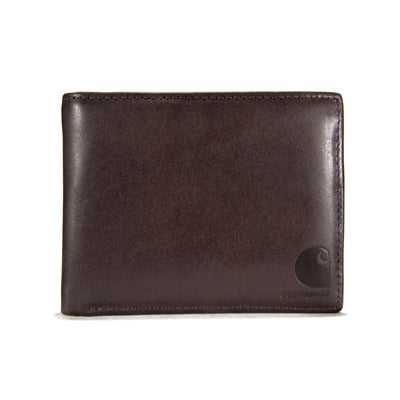 Oil Tan Leather Passcase Wallet Accessory front view, Dark brown leather with embossed logo detail lower right corner,