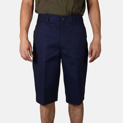 Original Ben's Shorts front view, Navy flat-front shorts with single button closure and pressed creases, Grey Shorts -