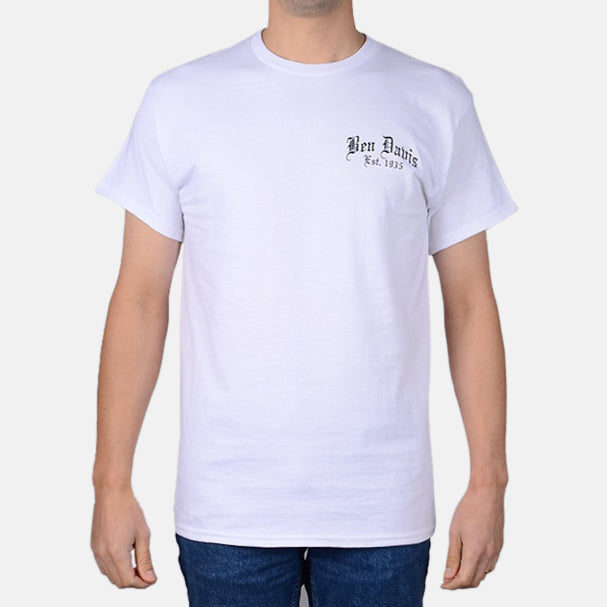 Person wearing Paisley Black Tee, Man wearing white tee in neutral studio setting against plain gray background - Slowride
