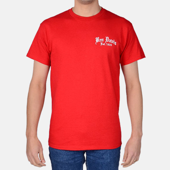 Person wearing Paisley Black Tee, Man wearing red tee in plain studio setting against neutral background - Slowride Supply
