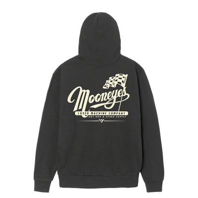 Partnership front view, Faded black with cream script text and checkered flag graphic, "Loser Machine Company Hot Rod &