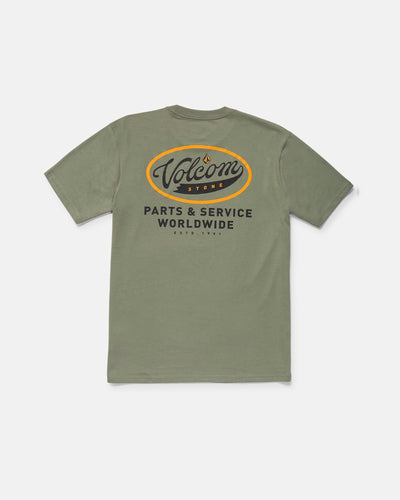 Parts and Services front view, Olive green with orange oval badge, charcoal script and text reading Parts & Service
