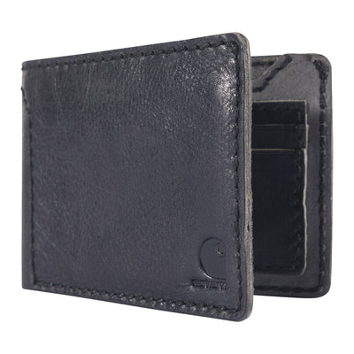 Back of Patina Leather Bifold Wallet Accessory Black Accessory, Black leather back with debossed circular logo detail and