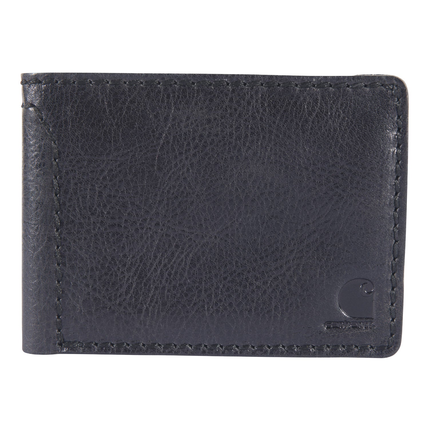 Patina Leather Bifold Wallet Accessory front view, Black leather with contrasting stitch detailing and small logo emboss at