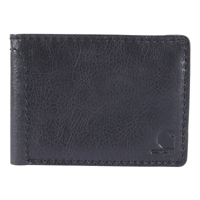 Patina Leather Bifold Wallet Accessory front view, Black leather with contrasting stitch detailing and small logo emboss at
