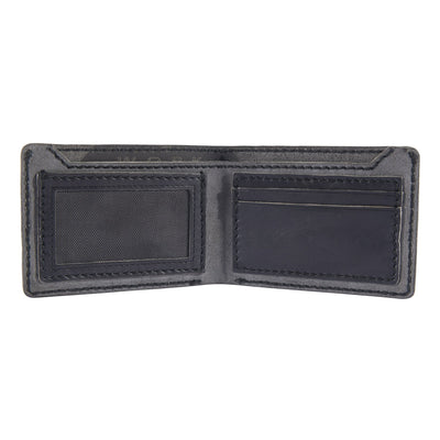 Close-up of Patina Leather Bifold Wallet Accessory Black Accessory showing Charcoal leather bifold wallet opened flat,