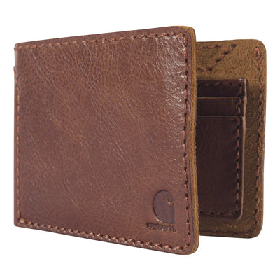 Close-up of Patina Leather Bifold Wallet Accessory Black Accessory showing Saddle brown leather with visible whip stitching