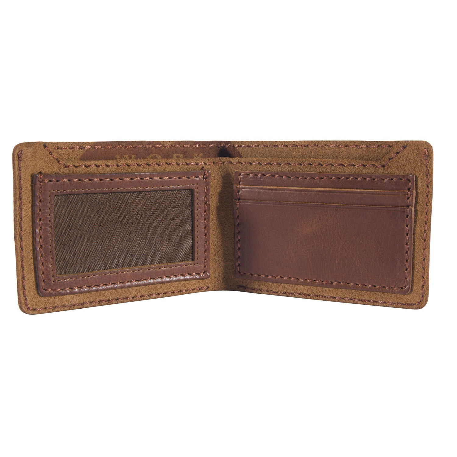 Close-up of Patina Leather Bifold Wallet Accessory Black Accessory showing Tan suede exterior with brown leather card slots,