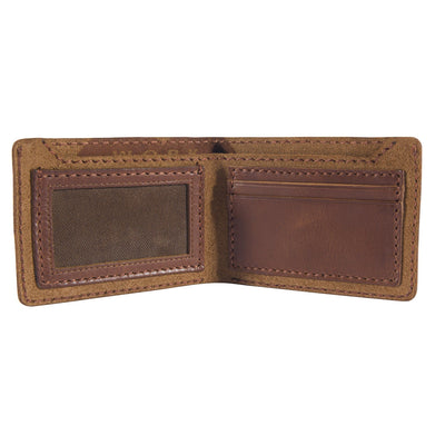 Close-up of Patina Leather Bifold Wallet Accessory Black Accessory showing Tan suede exterior with brown leather card slots,