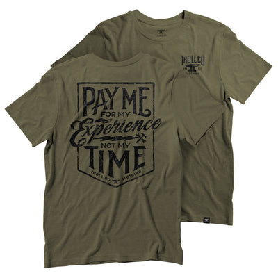 Close-up of Pay Me Military Tee showing Military green with dark navy distressed print in shield-shaped badge layout, script