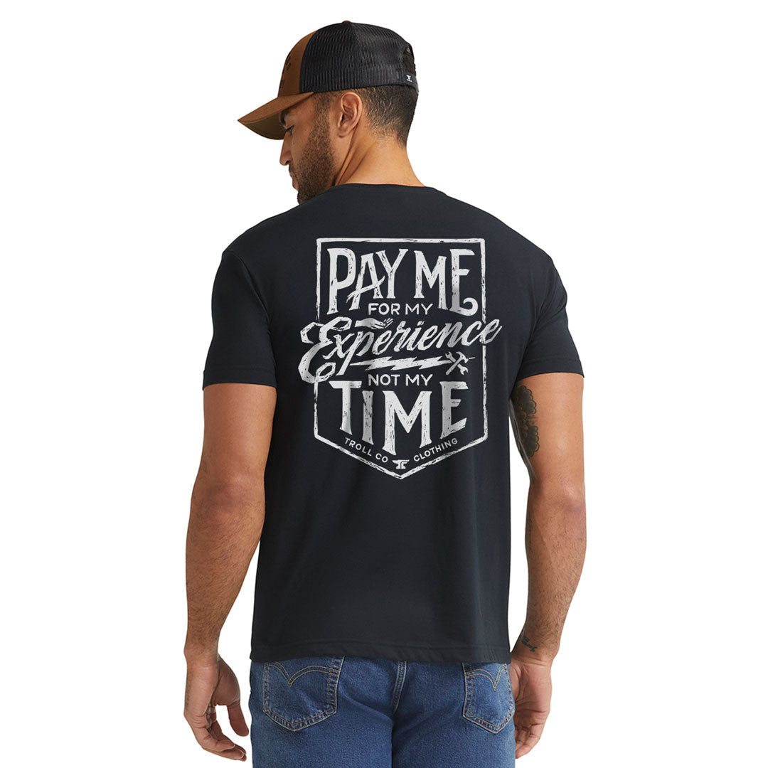 Person wearing Pay Me Military Tee, Man wearing black tee standing against white background, shown from behind - Slowride