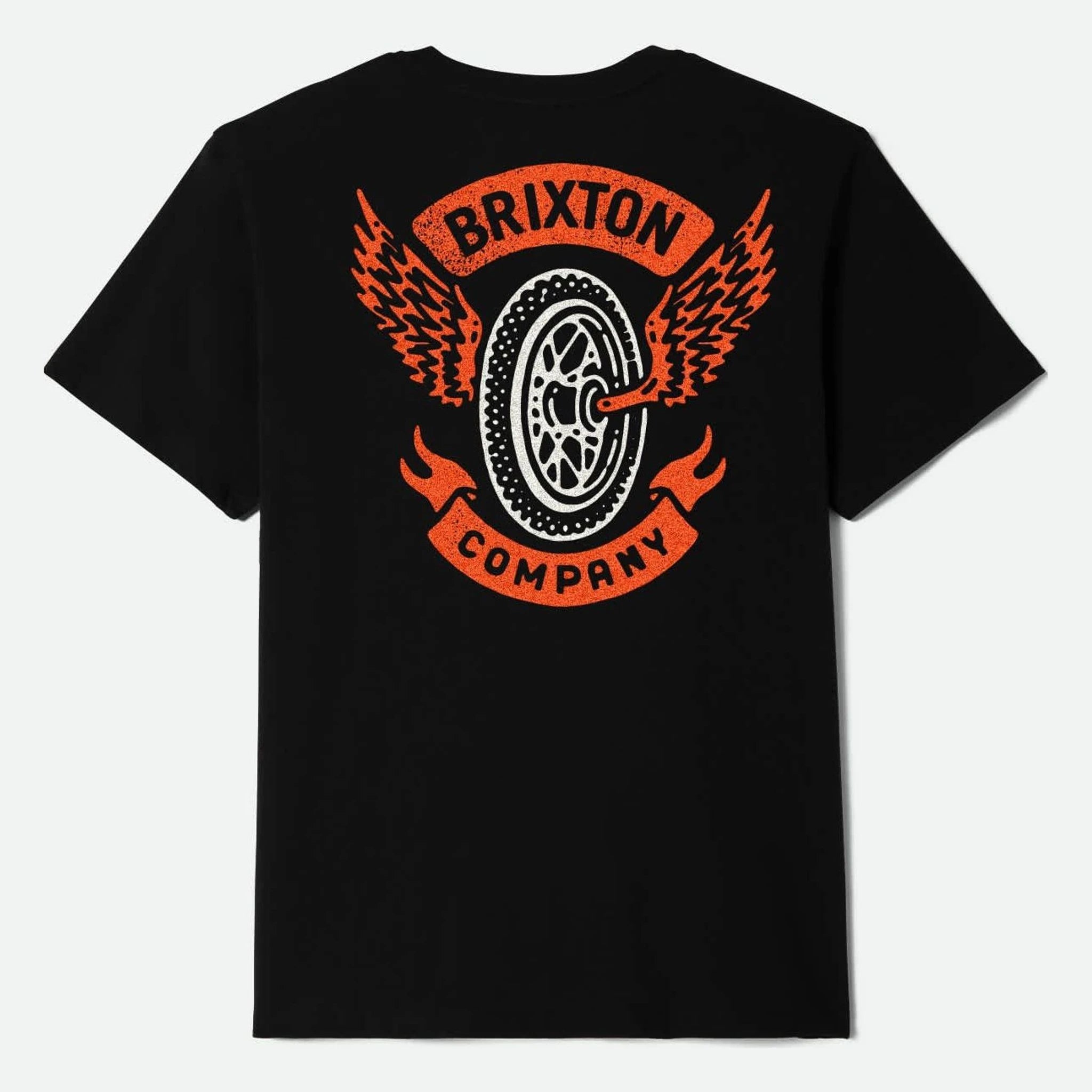 Payson front view, Black with orange and white wheel graphic, winged design, and Brixton Company text banner, Black Tee -