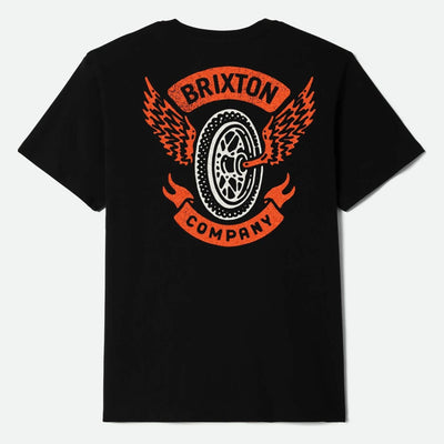 Payson front view, Black with orange and white wheel graphic, winged design, and Brixton Company text banner, Black Tee -