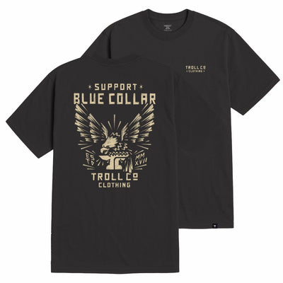 Perched front view, Black with tan "Support Blue Collar" text, winged fist graphic, and Roman numerals below, Tar Tee -