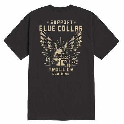 Close-up of Perched Tar Tee showing Tan print on black with winged eagle graphic, text reading "Support Blue Collar" and