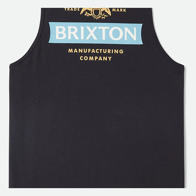 Back of Pinnacle Tank Top Apparel Black Apparel, Black with light blue banner, white text, gold crest and gold manufacturing