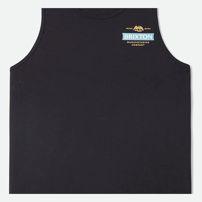 Pinnacle Tank Top Apparel front view, Black with gold eagle trade mark, light blue Brixton banner, and gold manufacturing