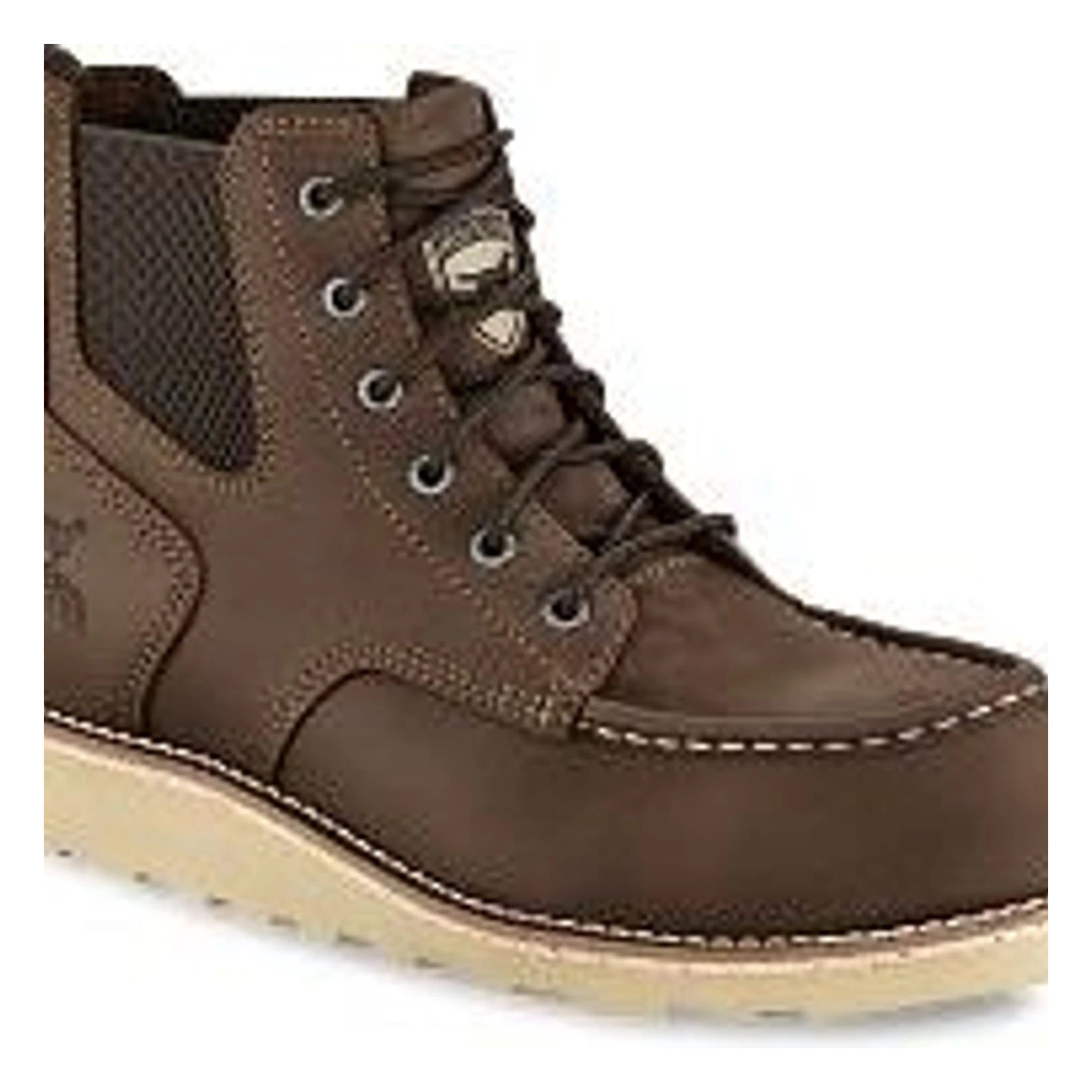 Close-up of Pipestone ST 84632 Boots Boots showing Brown leather upper with cream stitching and metal eyelets, cream rubber