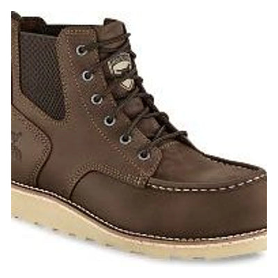 Close-up of Pipestone ST 84632 Boots Boots showing Brown leather upper with cream stitching and metal eyelets, cream rubber