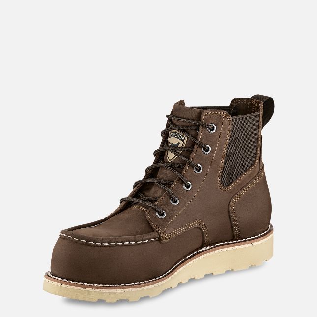 Pipestone ST 84632 Boots front view, Brown leather moc-toe work boot with cream wedge sole and black laces, Boots - Slowride