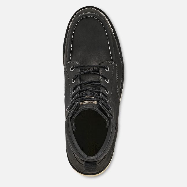 Close-up of Pipestone ST 84634 Boots Boots showing Black leather moc-toe boot with contrasting white stitching throughout,