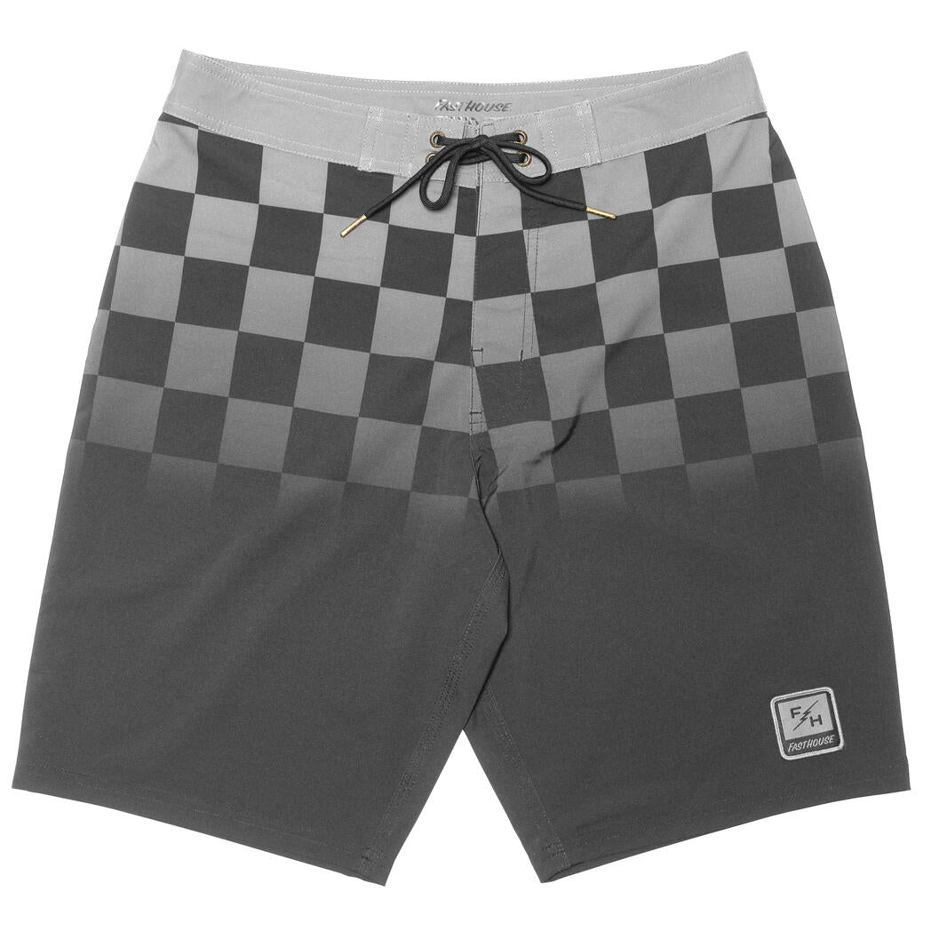 Piston 21" Boardshort Boardshorts front view, Charcoal with light gray checkerboard pattern at waistband, black drawstring