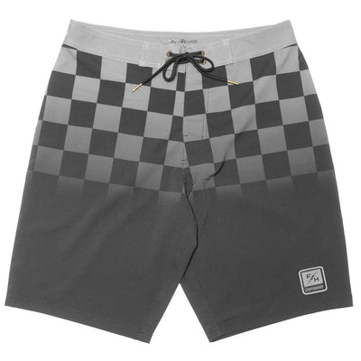 Piston 21" Boardshort Boardshorts front view, Charcoal with light gray checkerboard pattern at waistband, black drawstring