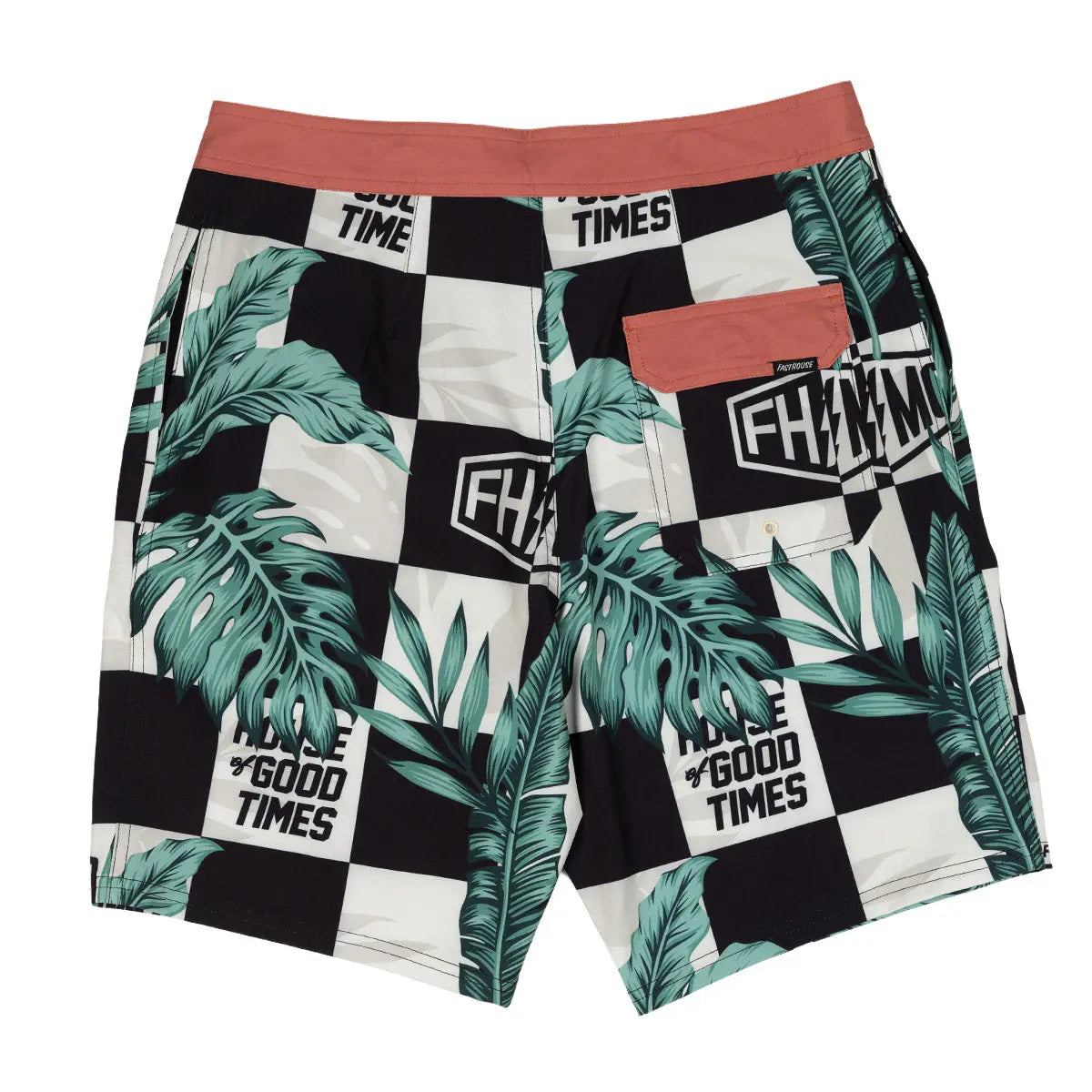 Back of Poolside 19" Boardshort Apparel Black/Off White Apparel, Black and white checkerboard with teal palm leaves and text
