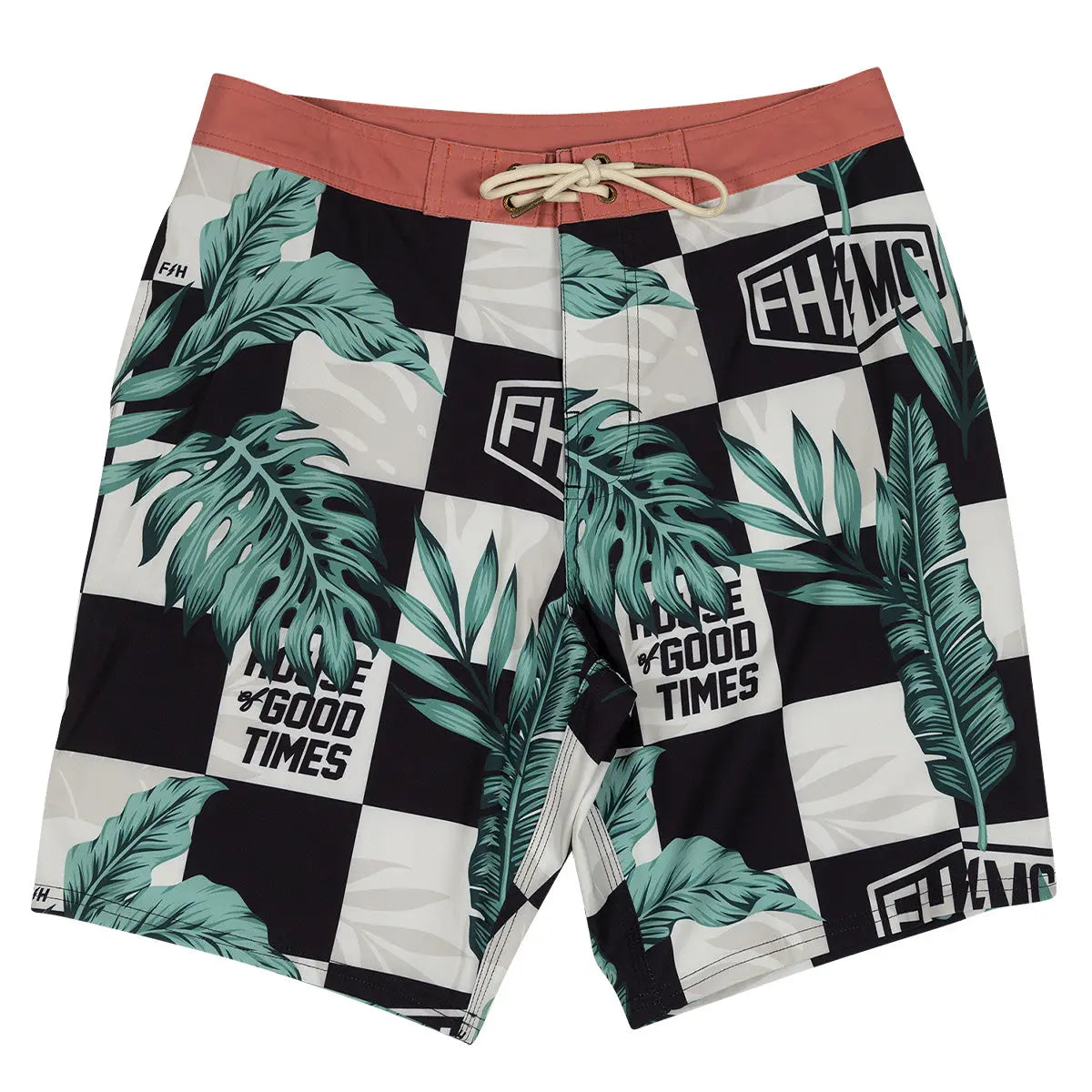 Poolside 19" Boardshort Apparel front view, Black and off-white checkerboard with teal palm fronds and "Good Times" text