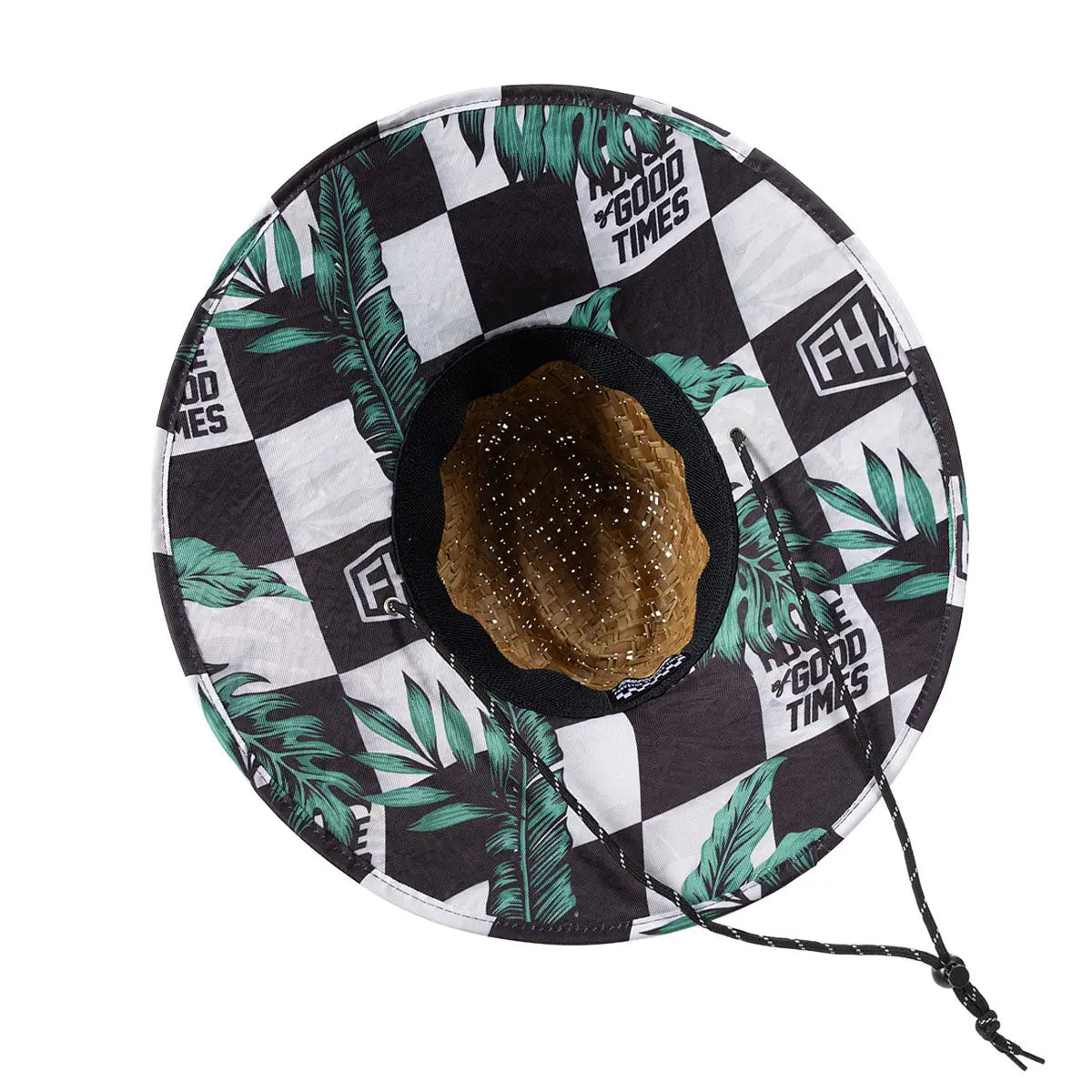 Back of Poolside Straw Hat Apparel Natural Straw Apparel, Black and white checkerboard with teal palm fronds, Good Times