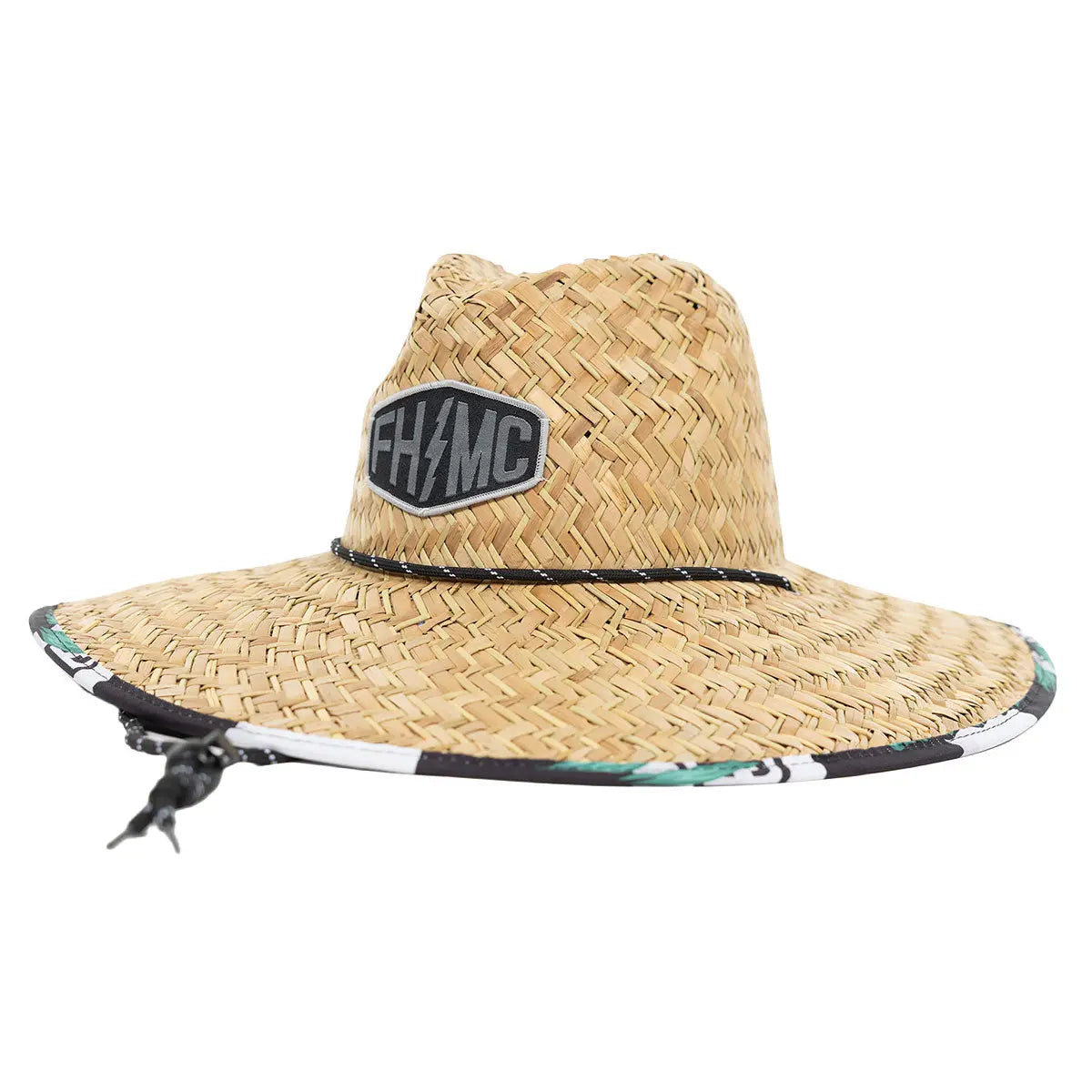 Poolside Straw Hat Apparel front view, Natural straw with gray embroidered oval patch, black and white striped brim trim,