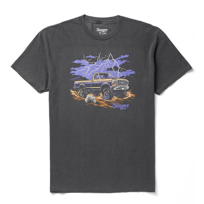 Premium Mud Romp front view, Charcoal with lifted truck, purple lightning bolts, orange desert brush, and script text,