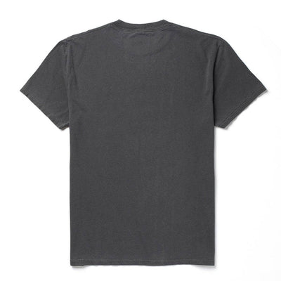 Close-up of Premium Mud Romp Pigment Black Tee showing Charcoal cotton jersey with crew neckline and short sleeves, laid