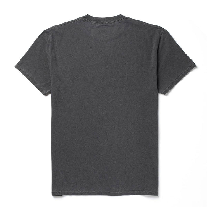 Close-up of Premium Mud Romp Pigment Black Tee showing Charcoal cotton jersey with crew neckline and short sleeves, laid