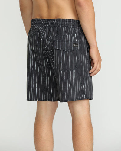 Person wearing Psyche Cotton Trunk 17" Apparel Black Apparel, Rear view of black pinstriped swim trunk worn by shirtless man
