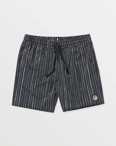 Psyche Cotton Trunk 17" Apparel front view, Black with thin white vertical pinstripes, drawstring waist, small circular