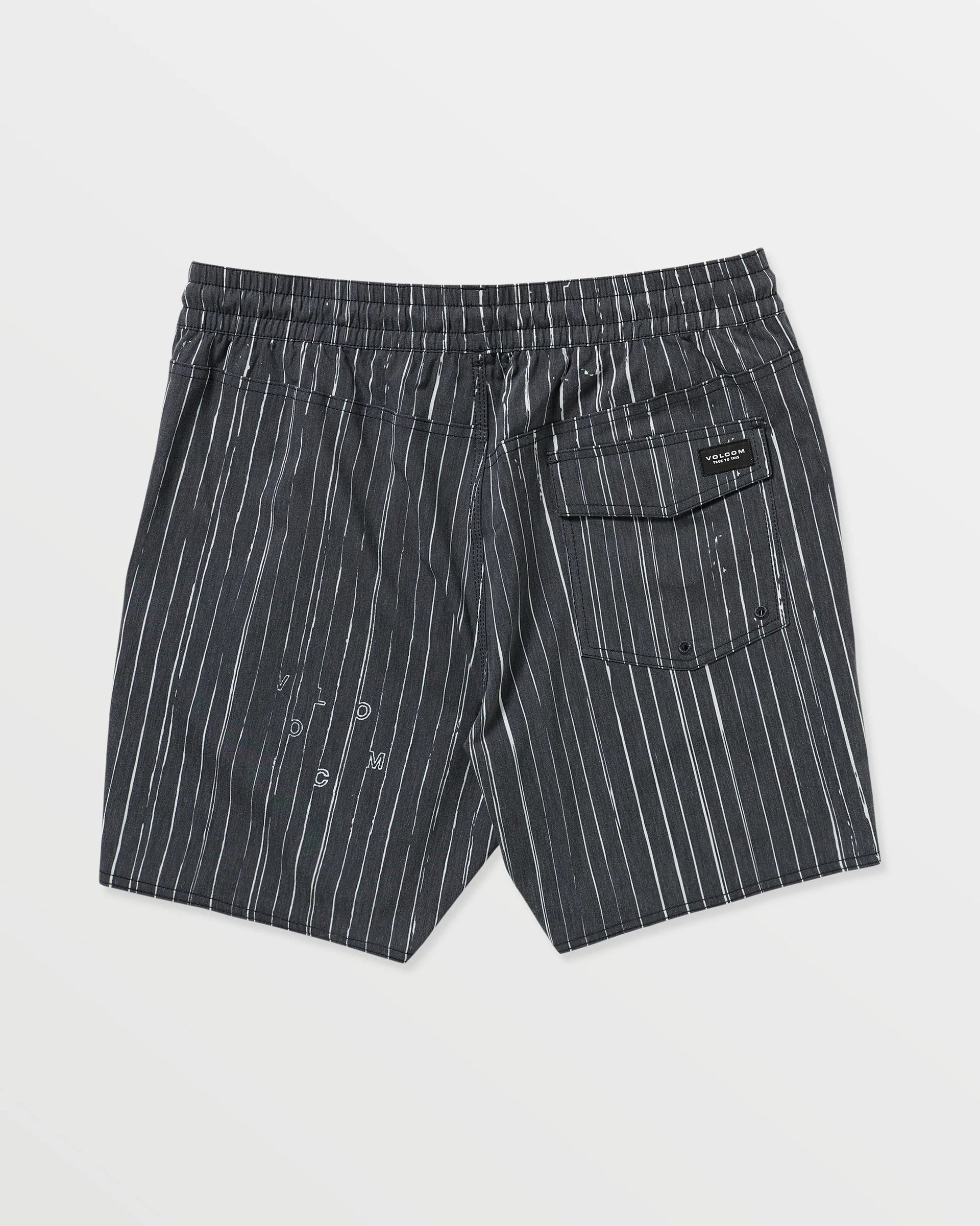 Back of Psyche Cotton Trunk 17" Apparel Black Apparel, Black with white vertical pinstripe, back patch pocket with woven