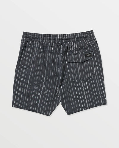 Back of Psyche Cotton Trunk 17" Apparel Black Apparel, Black with white vertical pinstripe, back patch pocket with woven