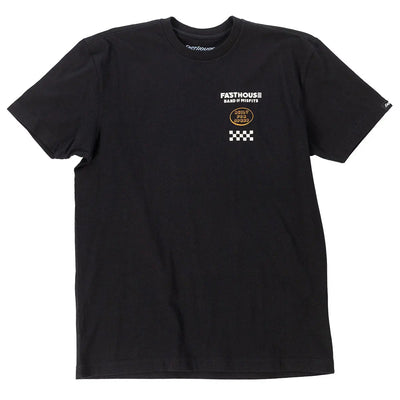 Close-up of Pursuit Natural Tee showing Black tee with white Fasthouse and Band of Misfits text, gold oval badge, and white