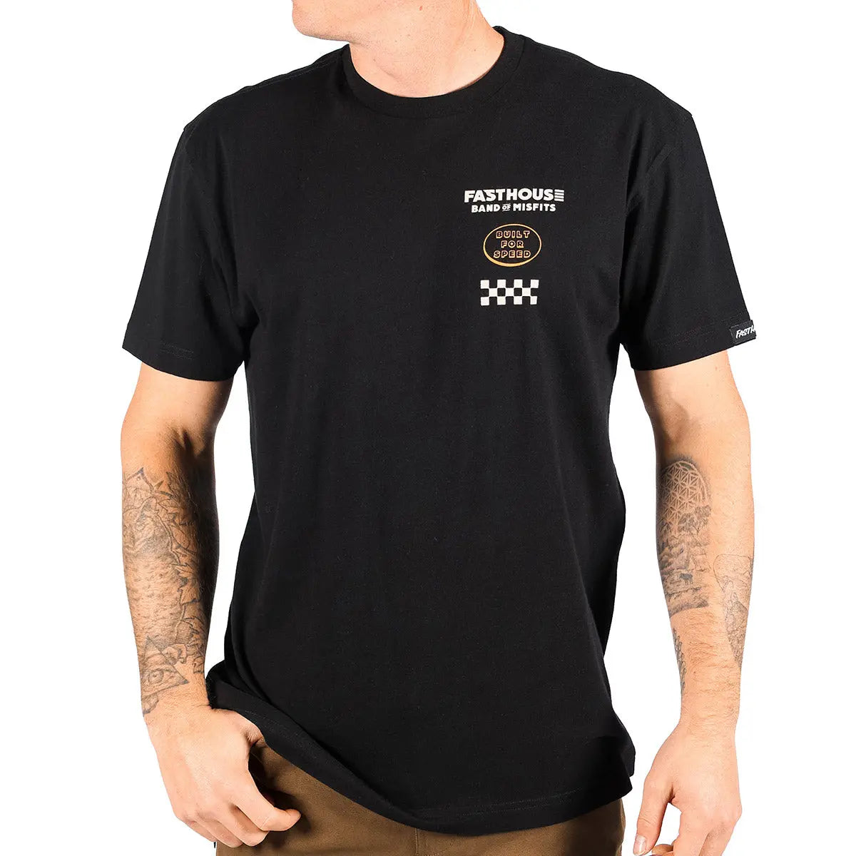 Person wearing Pursuit Natural Tee, Man wearing black tee standing against plain white background - Slowride Supply