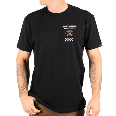 Person wearing Pursuit Natural Tee, Man wearing black tee standing against plain white background - Slowride Supply