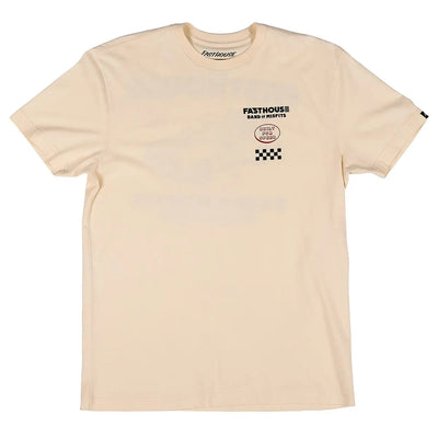 Close-up of Pursuit Natural Tee showing Cream cotton tee with black text graphic, checkered flag patch, and oval badge print
