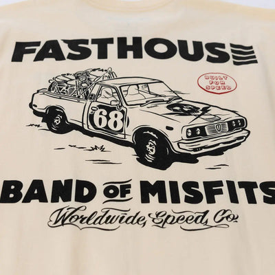 Close-up of Pursuit Natural Tee showing Cream with black line-art race car graphic numbered 68, red oval stamp reading