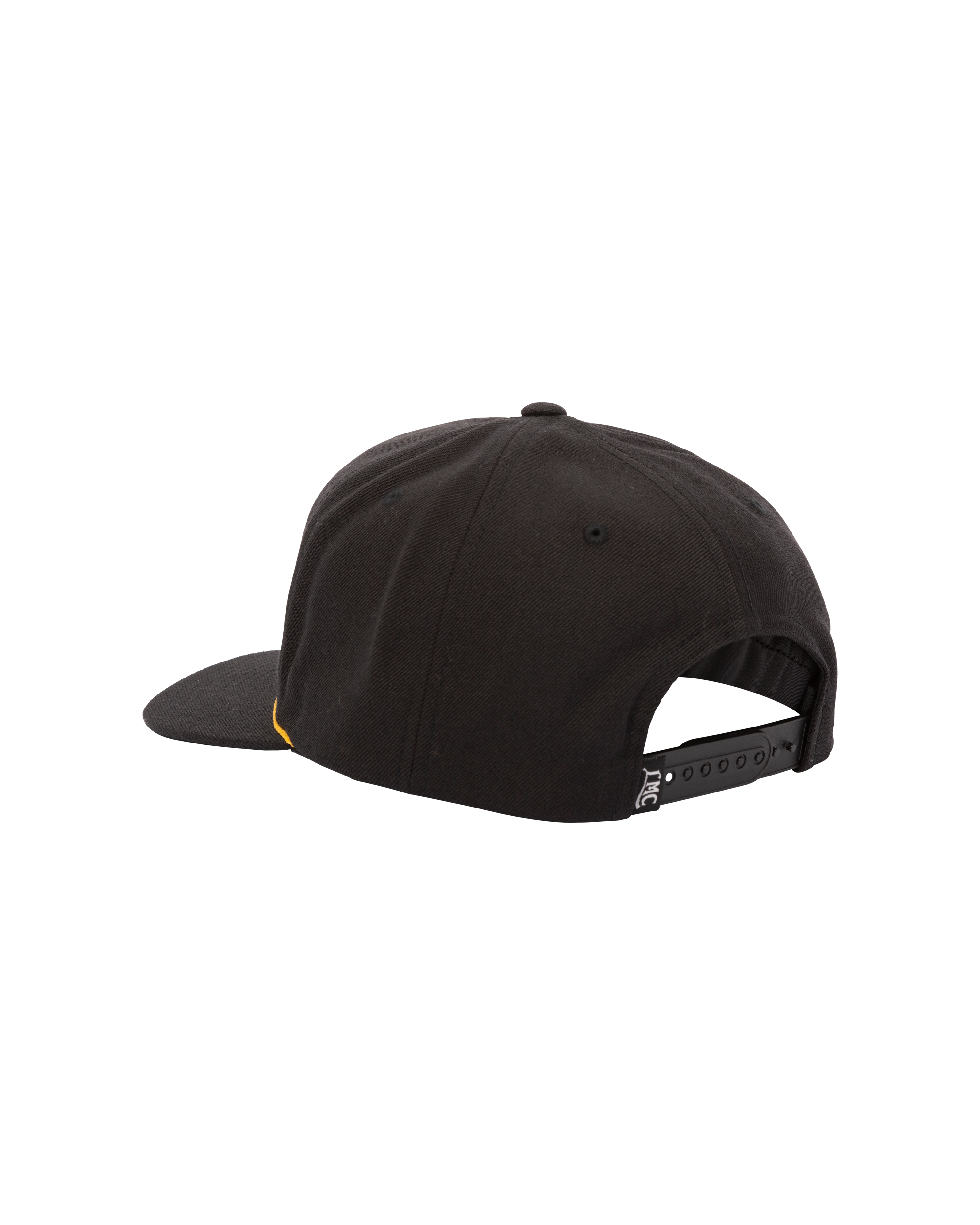 Close-up of Raceway Redux Black Hat showing Black six-panel cap with yellow piping, snap closure back strap with embossed