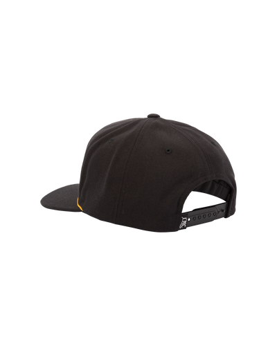 Close-up of Raceway Redux Black Hat showing Black six-panel cap with yellow piping, snap closure back strap with embossed