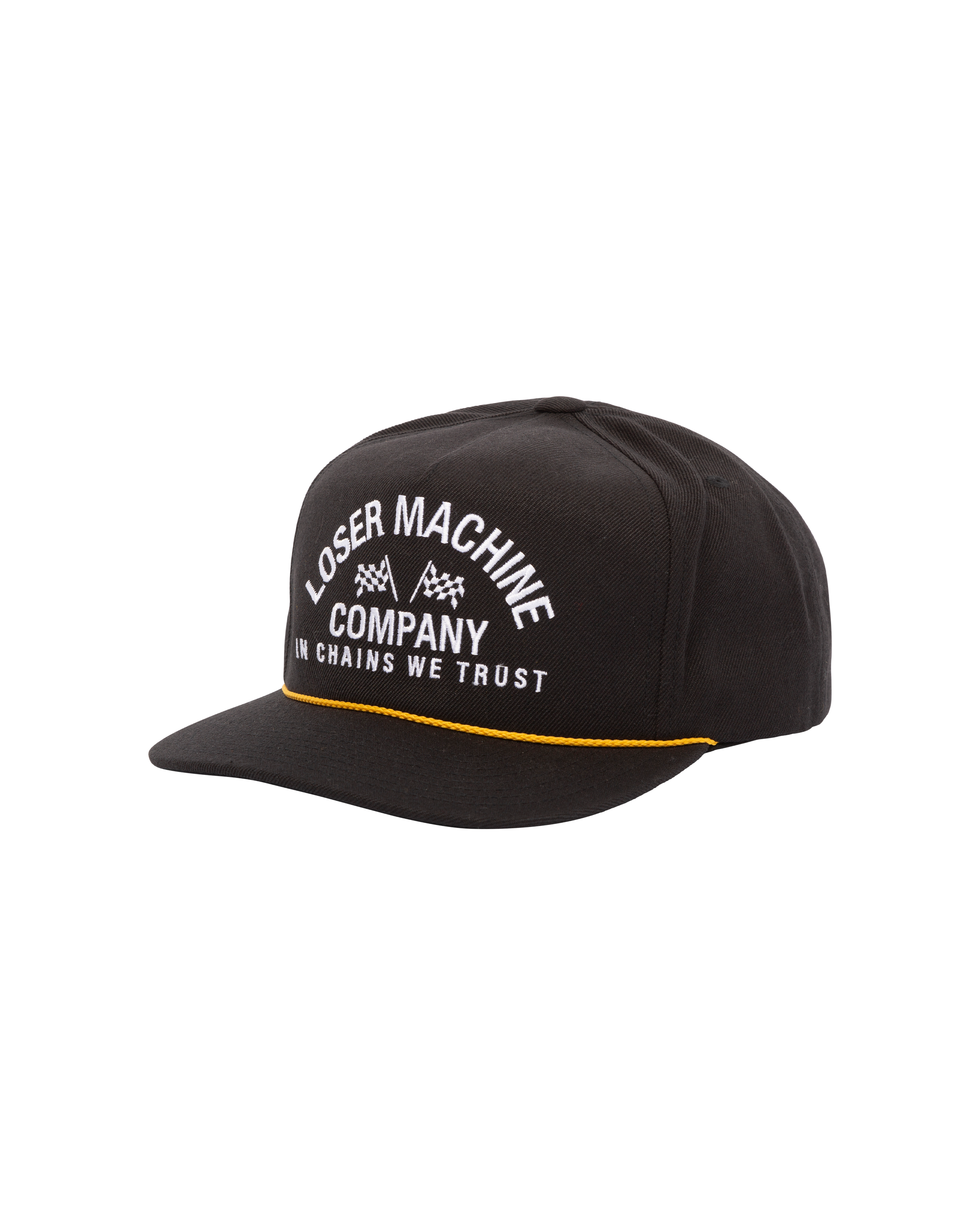 Back of Raceway Redux Black Hat, Black cap with white embroidered text reading "Loser Machine Company" and "In Chains We