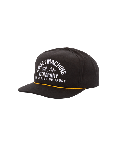 Back of Raceway Redux Black Hat, Black cap with white embroidered text reading "Loser Machine Company" and "In Chains We