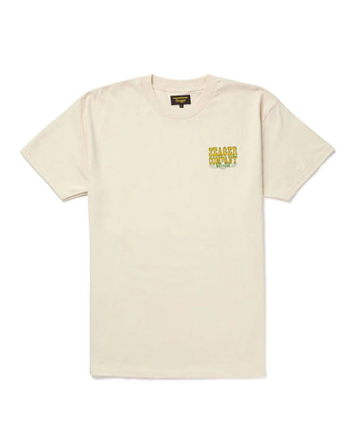 Close-up of Rattler Vintage Black Tee showing Cream with small yellow and black text graphic on chest - Slowride Supply