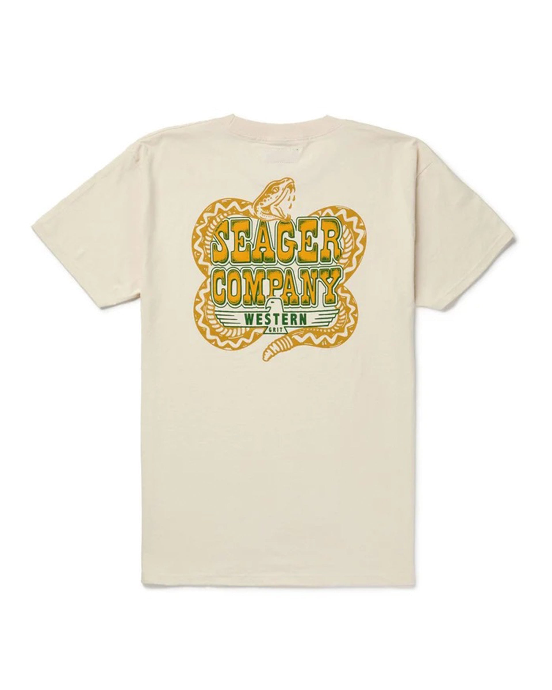 Rattler front view, Cream with gold and green rattlesnake graphic, text reads "Seager Company Western, Vintage Black Tee -