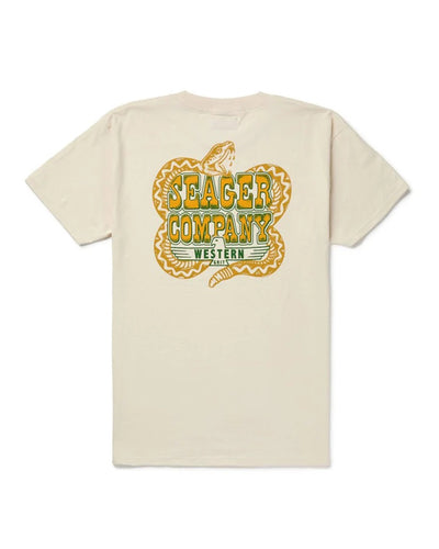 Rattler front view, Cream with gold and green rattlesnake graphic, text reads "Seager Company Western, Vintage Black Tee -